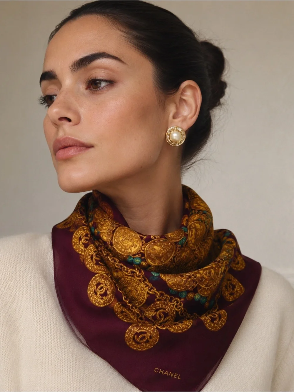 Rare Vintage Chanel Paris Silk Scarf Coin & Chain Print Burgundy Red